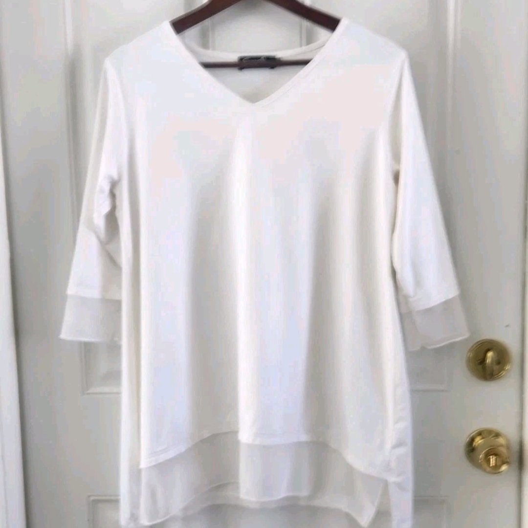 Sympli White Mesh Trim Tunic Top 3/4 Sleeve Jersey Lagenlook Womens Size 12